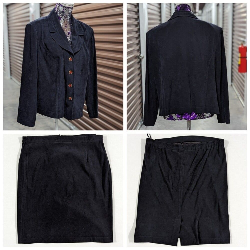 Vintage Navy Blue Faux Suede Skirt Suit Set Quiet Luxury Old Money Teacher 18W